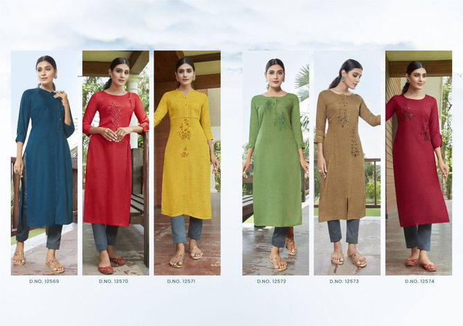 Kalaroop Pears Fancy Wear Designer Rayon Fancy Hand Work Kurti Collection
